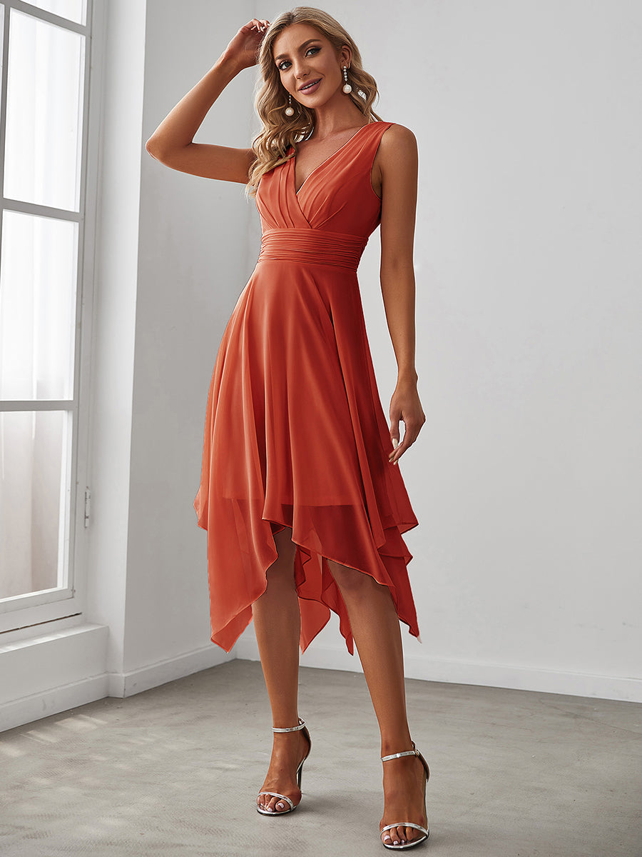 V Neck Ruched Asymmetrical Hems Midi Chiffon Bridesmaid Dress