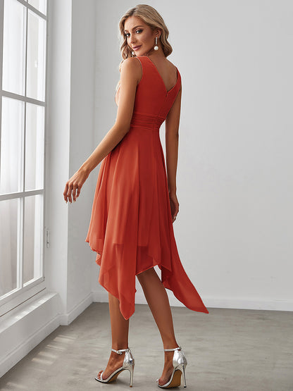 V Neck Ruched Asymmetrical Hems Midi Chiffon Bridesmaid Dress