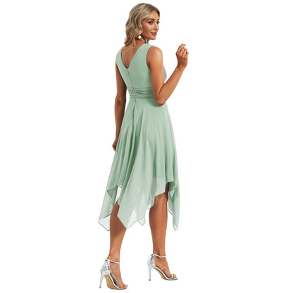 V Neck Ruched Asymmetrical Hems Midi Chiffon Bridesmaid Dress