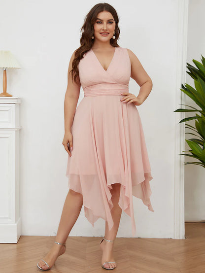 V Neck Ruched Asymmetrical Hems Midi Chiffon Bridesmaid Dress