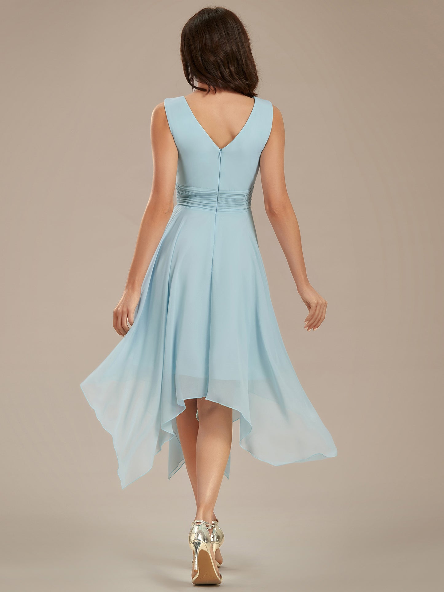 V Neck Ruched Asymmetrical Hems Midi Chiffon Bridesmaid Dress