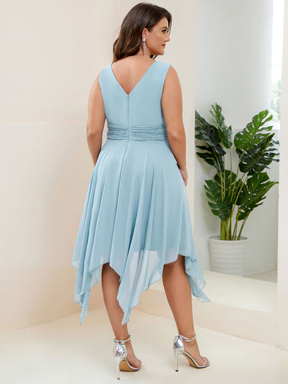 V Neck Ruched Asymmetrical Hems Midi Chiffon Bridesmaid Dress