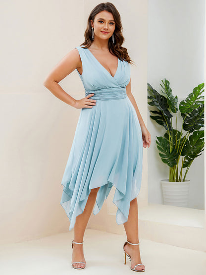 V Neck Ruched Asymmetrical Hems Midi Chiffon Bridesmaid Dress