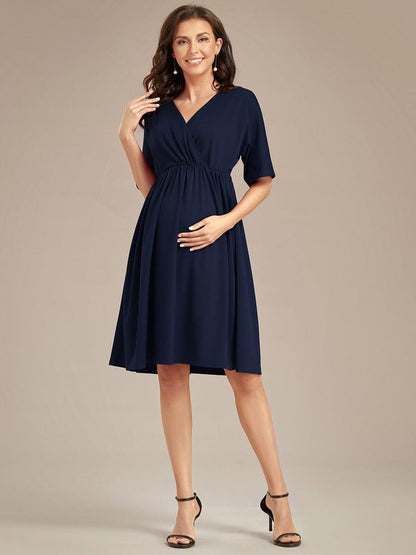 Loose V-Neck Half Sleeve Knee Length Maternity Dress #color_Navy Blue