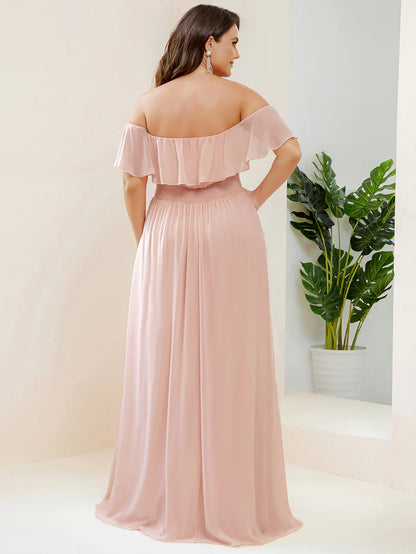 Off the Shoulder Ruffle Bodice Long Flowy Chiffon Bridesmaid Dress