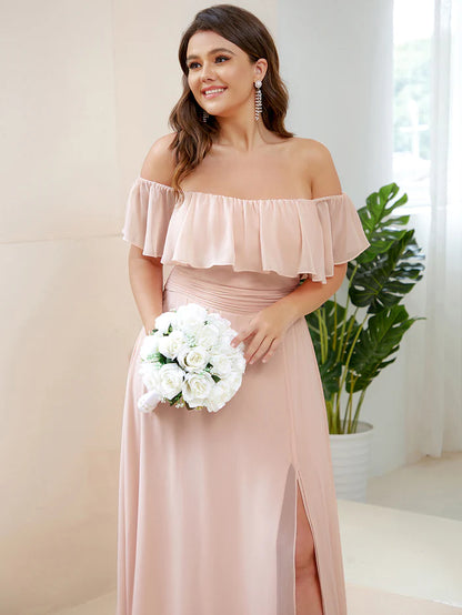 Off the Shoulder Ruffle Bodice Long Flowy Chiffon Bridesmaid Dress