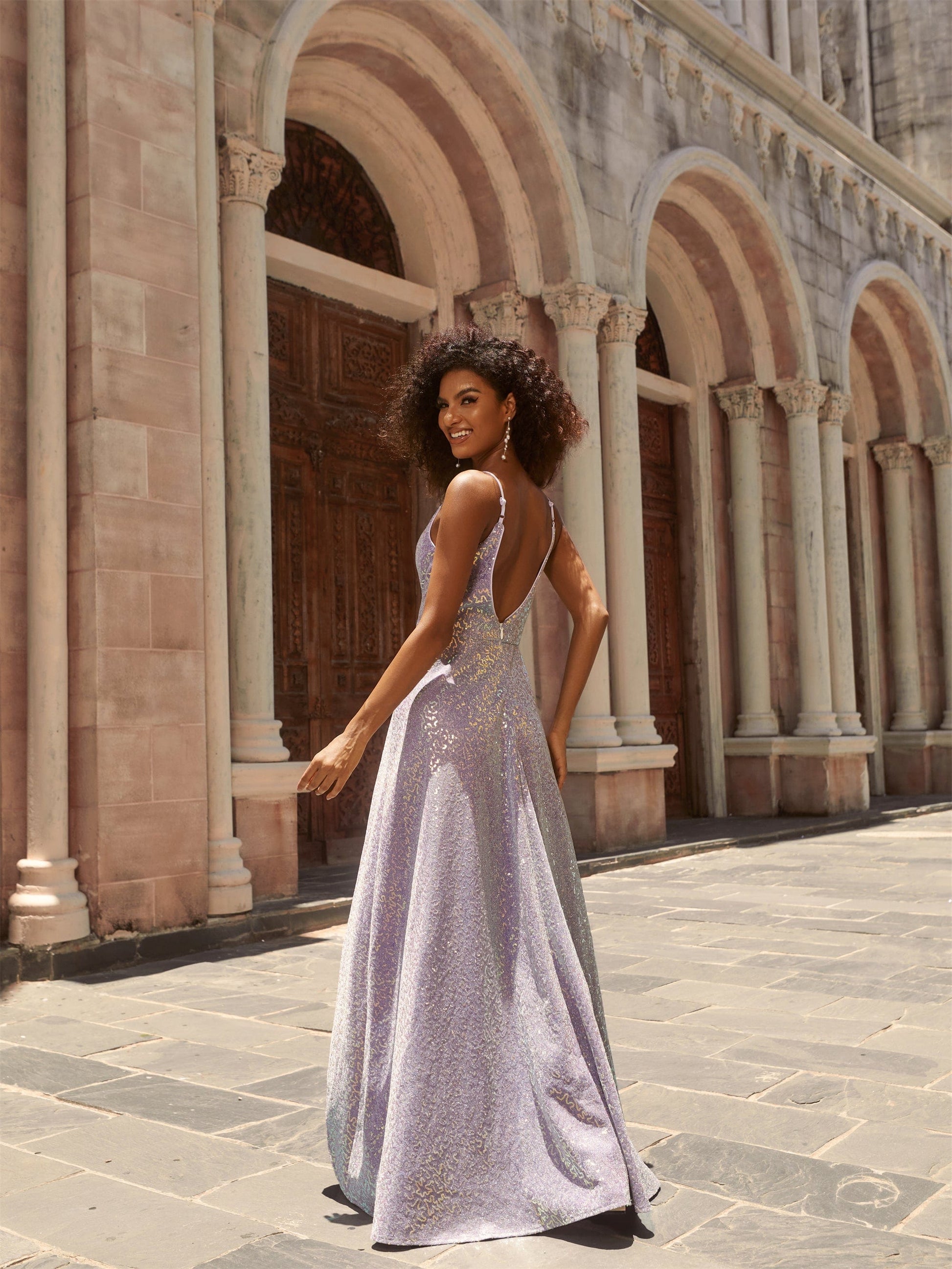 Sparkling Sequin Spaghetti Straps High-Low Backless Evening Dress #color_Lavender