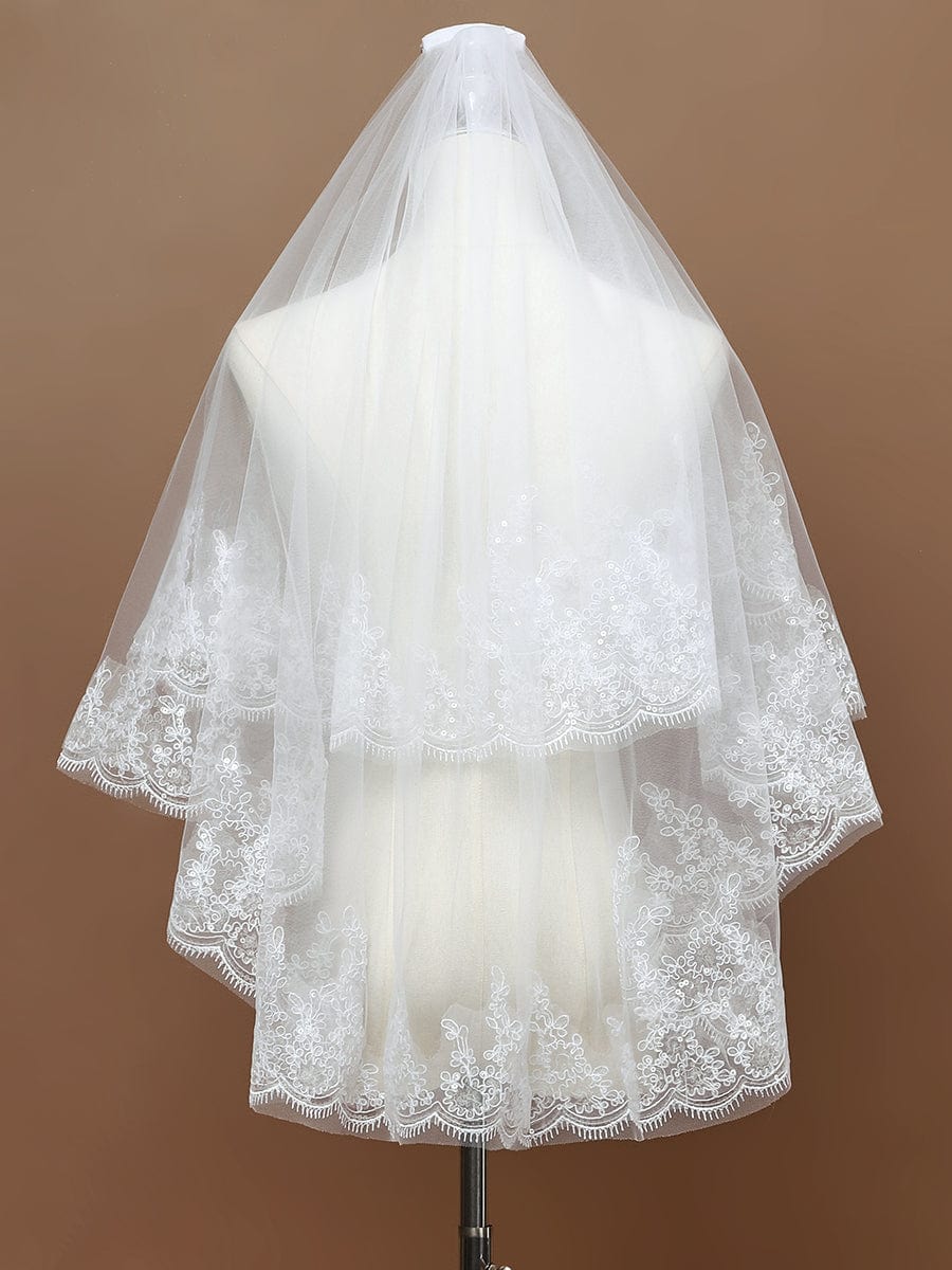 Double Tier Lace Applique Tulle Wedding Bridal Veil #color_Cream