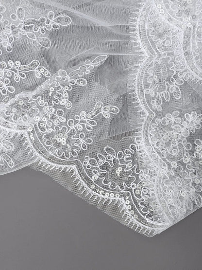 Double Tier Lace Applique Tulle Wedding Bridal Veil #color_Cream