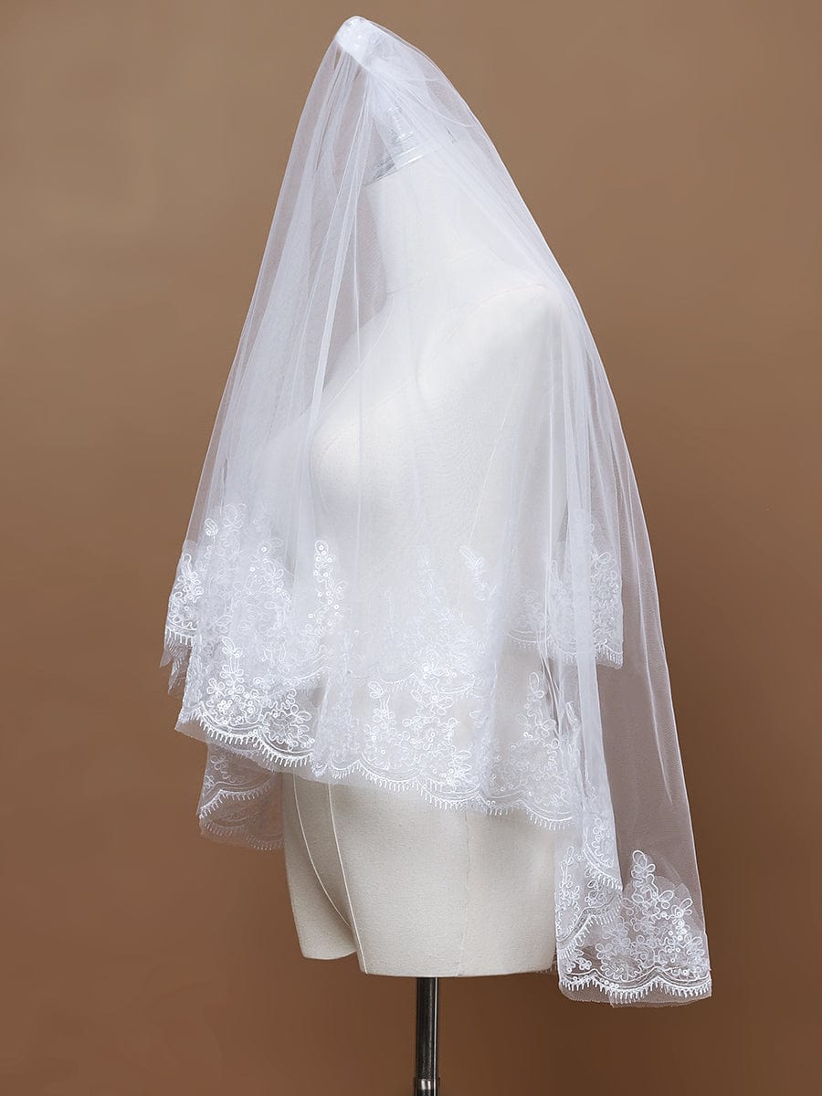 Double Tier Lace Applique Tulle Wedding Bridal Veil #color_White