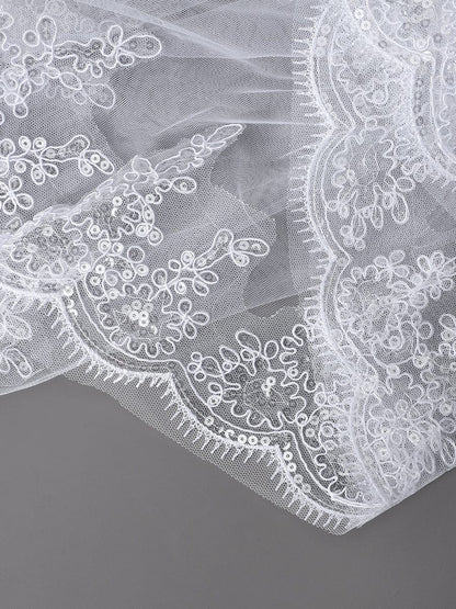 Double Tier Lace Applique Tulle Wedding Bridal Veil #color_White