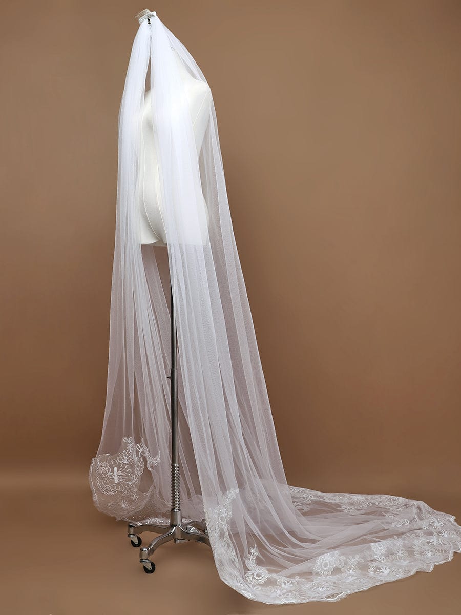 Romantic Wedding Sweep-Train Veil with Sequin Applique #color_Cream