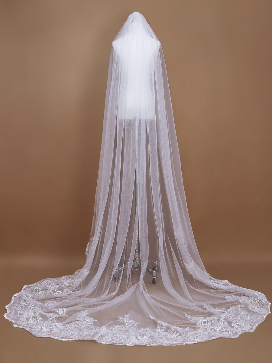 Romantic Wedding Sweep-Train Veil with Sequin Applique #color_White