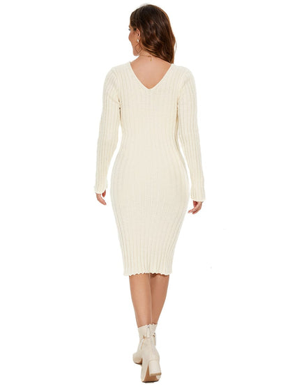 Ribbed Long Sleeve V-Neck Bodycon Knit Sweater Dress #color_Beige