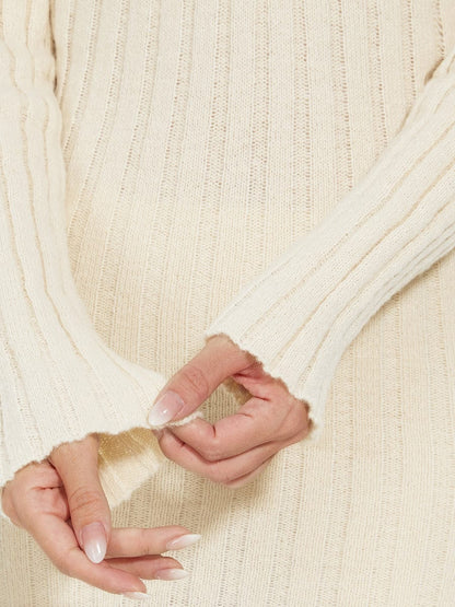 Ribbed Long Sleeve V-Neck Bodycon Knit Sweater Dress #color_Beige