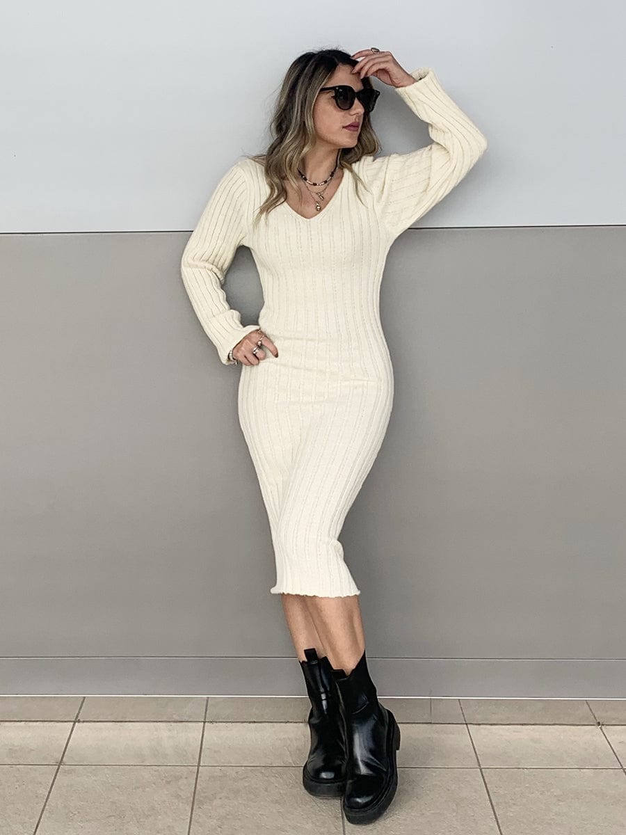 Ribbed Long Sleeve V-Neck Bodycon Knit Sweater Dress #color_Beige