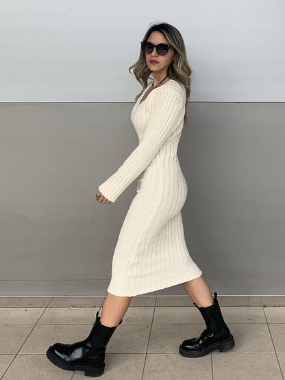 Ribbed Long Sleeve V-Neck Bodycon Knit Sweater Dress #color_Beige