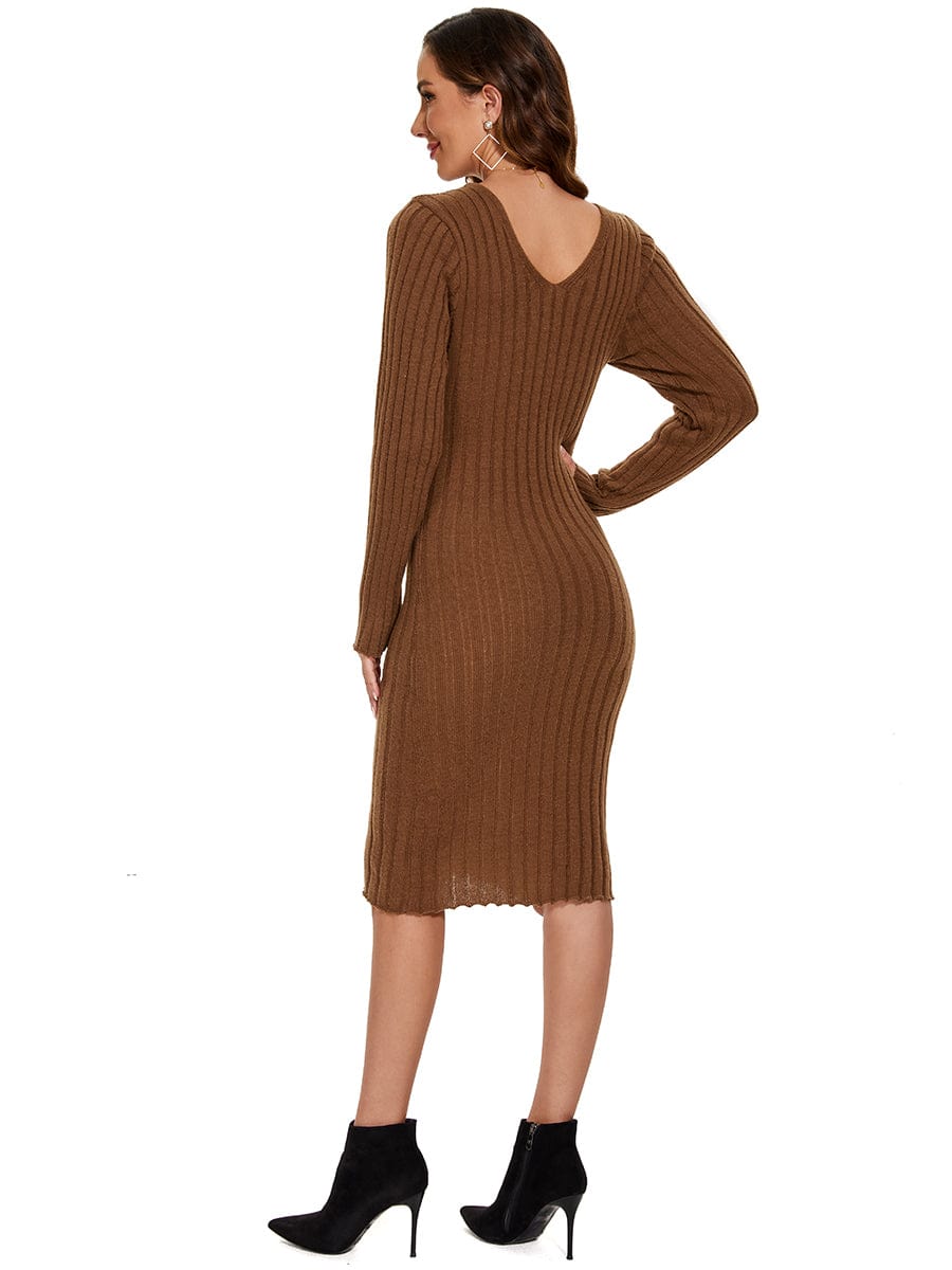 Ribbed Long Sleeve V-Neck Bodycon Knit Sweater Dress #color_Brown