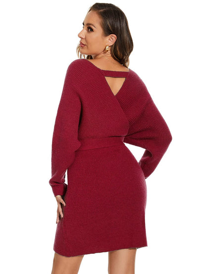 V-Neck Wrap Long Dolman Sleeve Knit Bodycon Sweater Dress #color_Burgundy