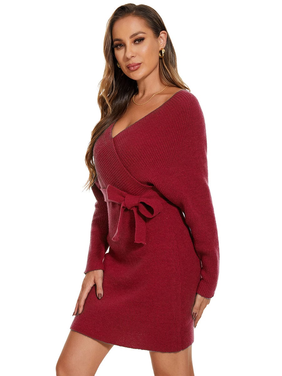 V-Neck Wrap Long Dolman Sleeve Knit Bodycon Sweater Dress #color_Burgundy