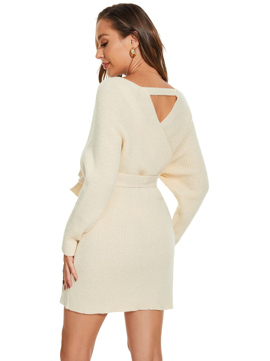 V-Neck Wrap Long Dolman Sleeve Knit Bodycon Sweater Dress #color_Beige