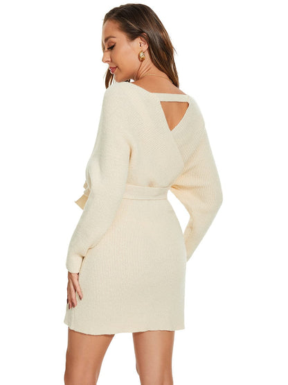 V-Neck Wrap Long Dolman Sleeve Knit Bodycon Sweater Dress #color_Beige