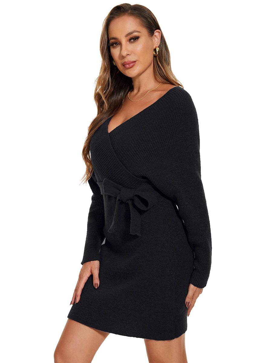 V-Neck Wrap Long Dolman Sleeve Knit Bodycon Sweater Dress #color_Black