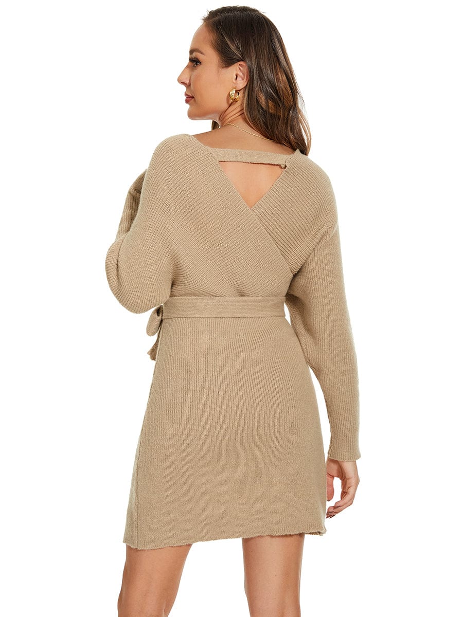 V-Neck Wrap Long Dolman Sleeve Knit Bodycon Sweater Dress #color_Mushroom