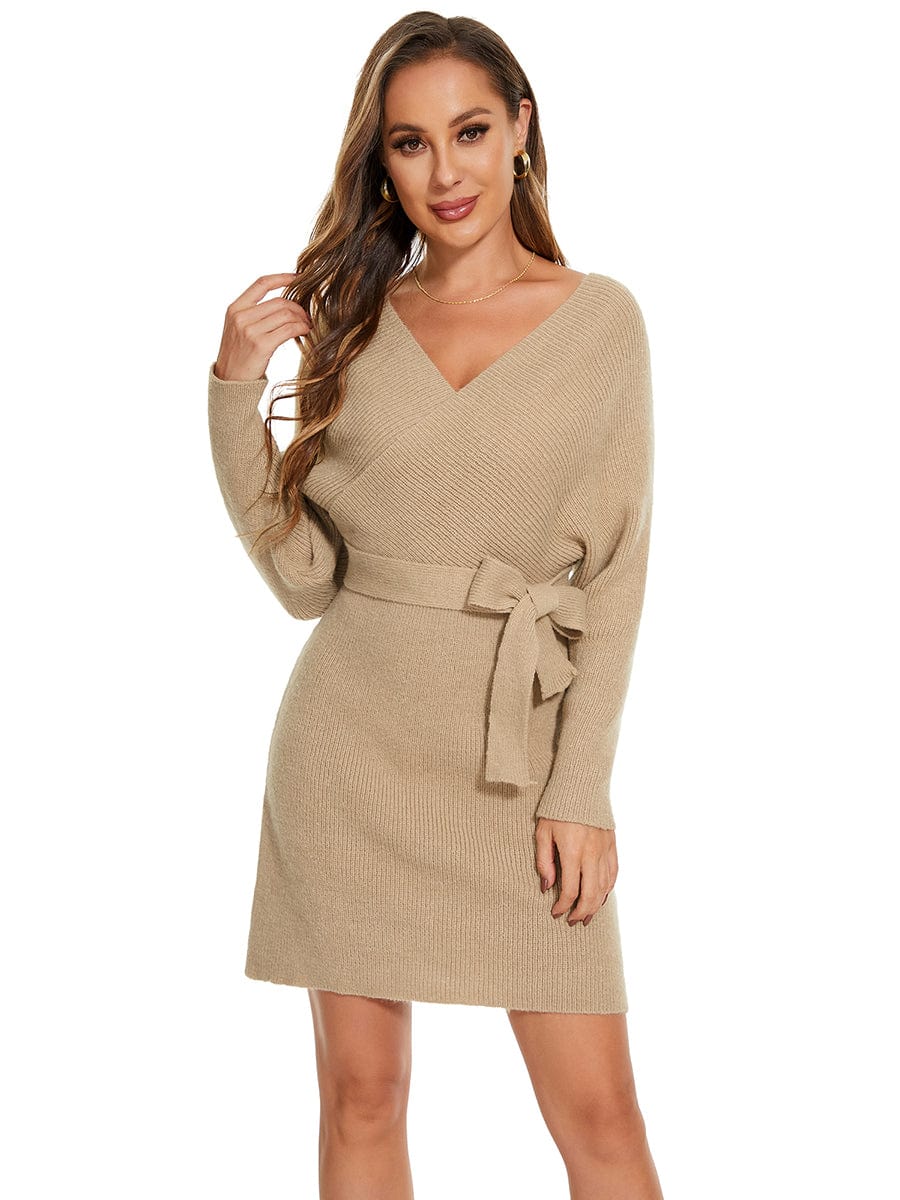 V-Neck Wrap Long Dolman Sleeve Knit Bodycon Sweater Dress #color_Mushroom