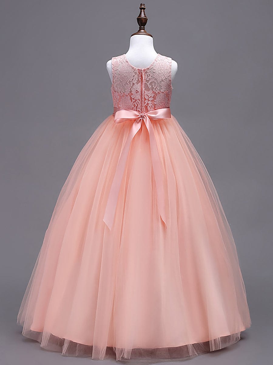 Princess Bow Sleeveless Lace Tulle Flower Girl Dress #color_Blush