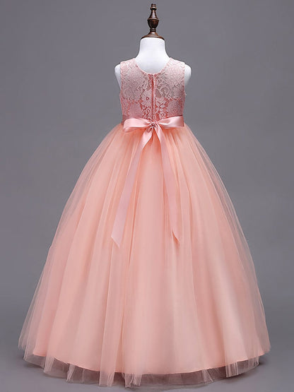 Princess Bow Sleeveless Lace Tulle Flower Girl Dress #color_Blush