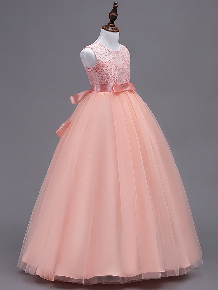 Princess Bow Sleeveless Lace Tulle Flower Girl Dress #color_Blush