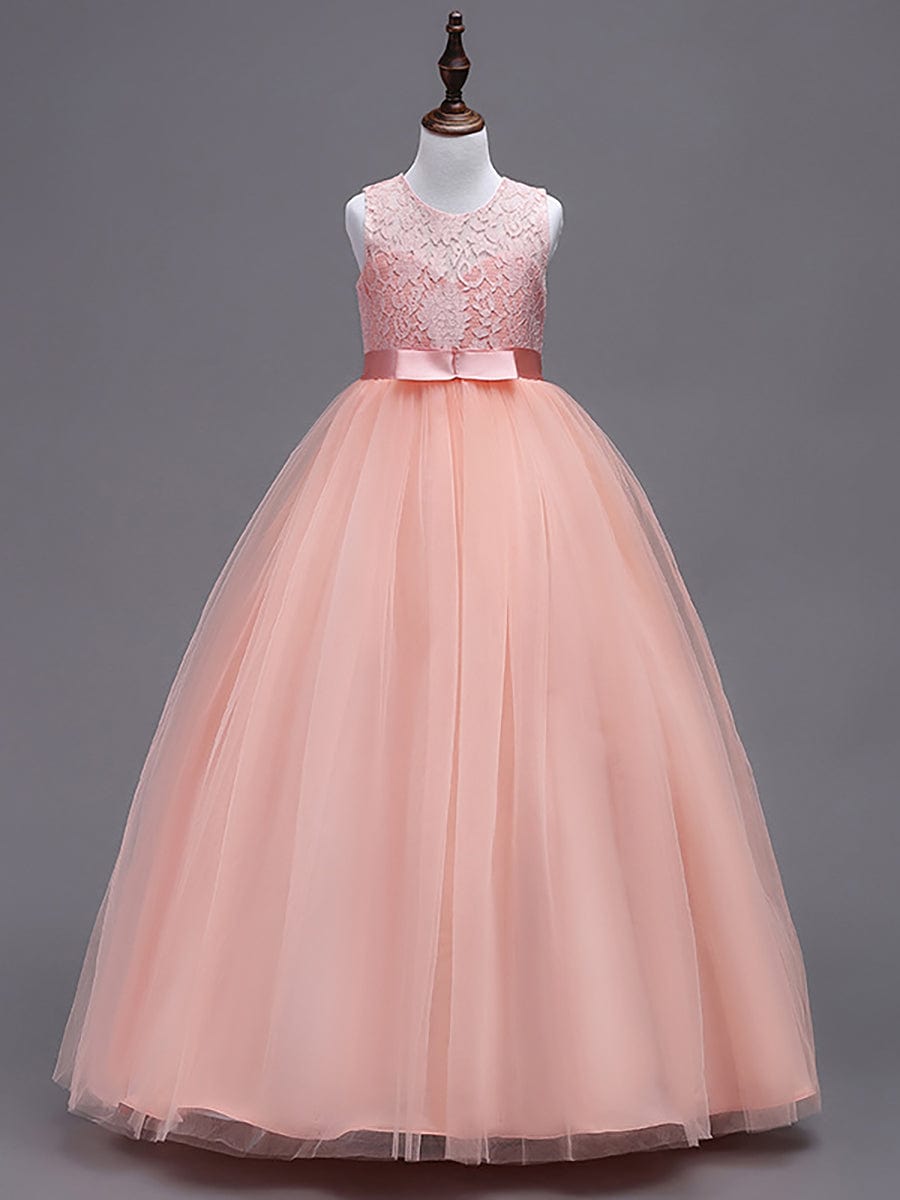 Princess Bow Sleeveless Lace Tulle Flower Girl Dress #color_Blush