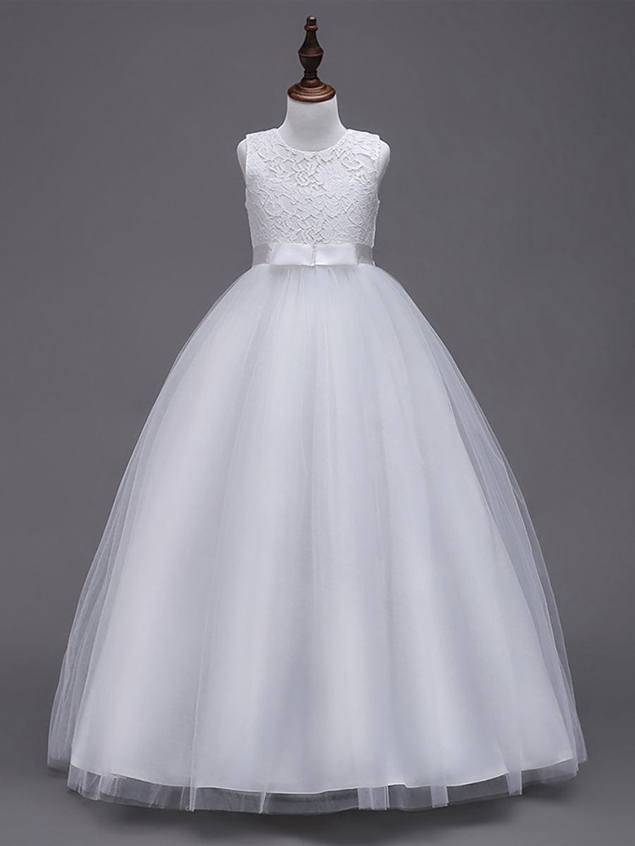 Princess Bow Sleeveless Lace Tulle Flower Girl Dress #color_White