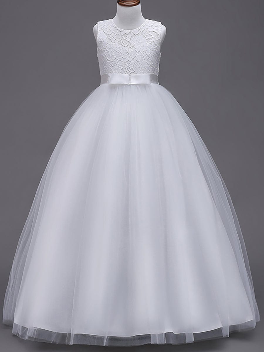 Princess Bow Sleeveless Lace Tulle Flower Girl Dress #color_White