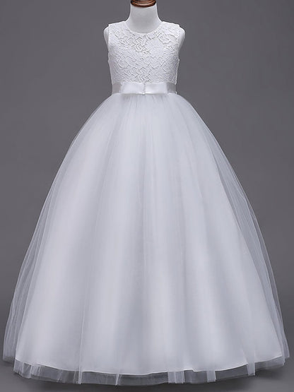 Princess Bow Sleeveless Lace Tulle Flower Girl Dress #color_White