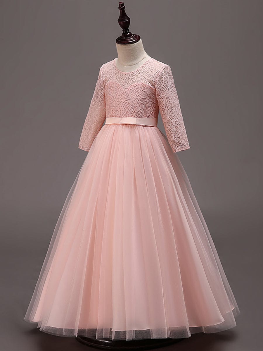 Charming Bow Lace Flower Girl Dress with Long Sleeves #color_Pink