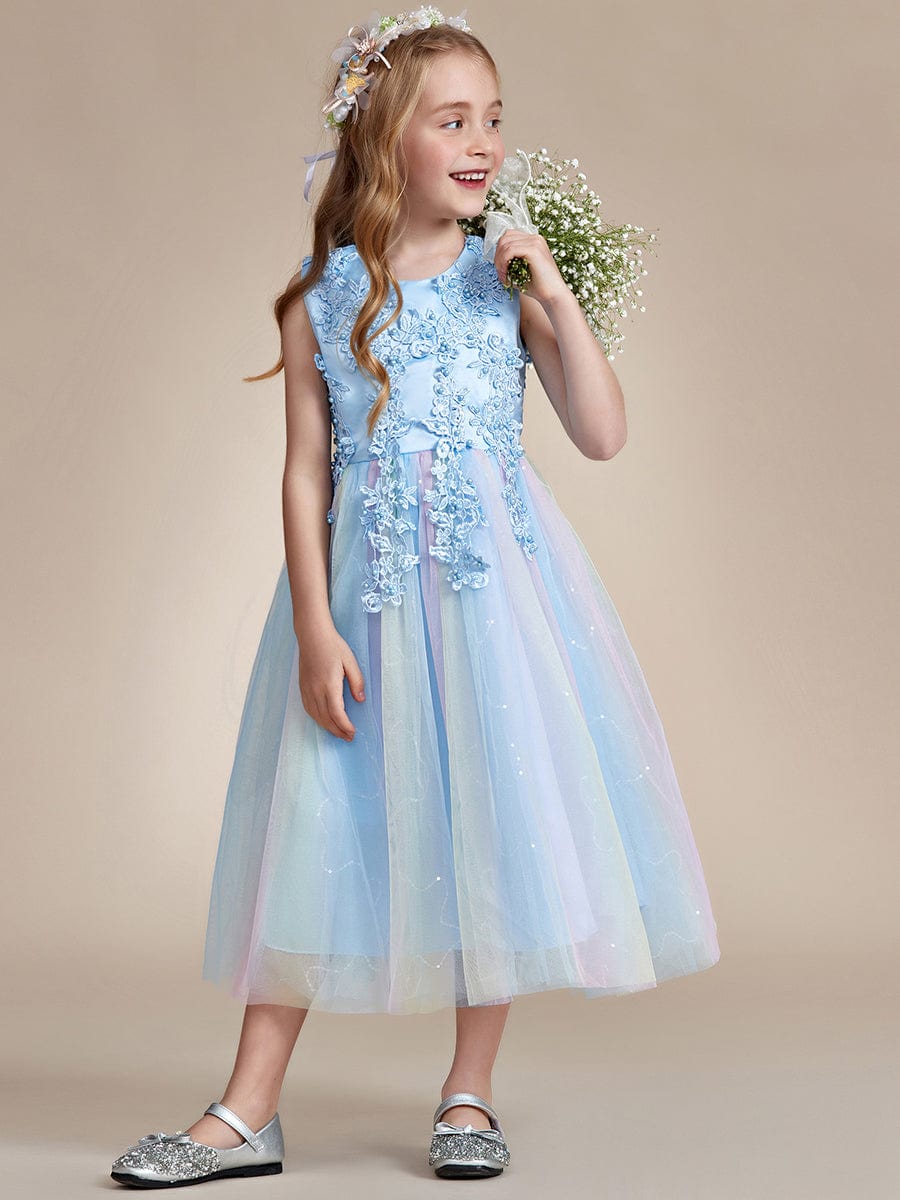 Gorgeous White Lace and Tulle Flower Girl Dress with Flower Appliques #color_Ice Blue