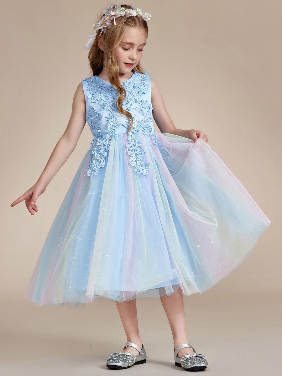 Gorgeous White Lace and Tulle Flower Girl Dress with Flower Appliques #color_Ice Blue