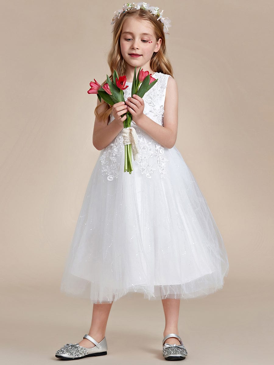 Gorgeous White Lace and Tulle Flower Girl Dress with Flower Appliques #color_White