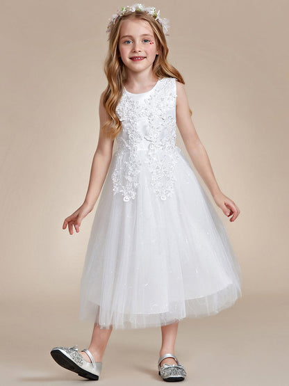 Gorgeous White Lace and Tulle Flower Girl Dress with Flower Appliques #color_White