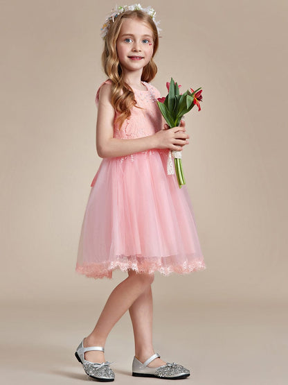 White Lace Tulle Flower Girl Dress with Bow Back Detail #color_Pink