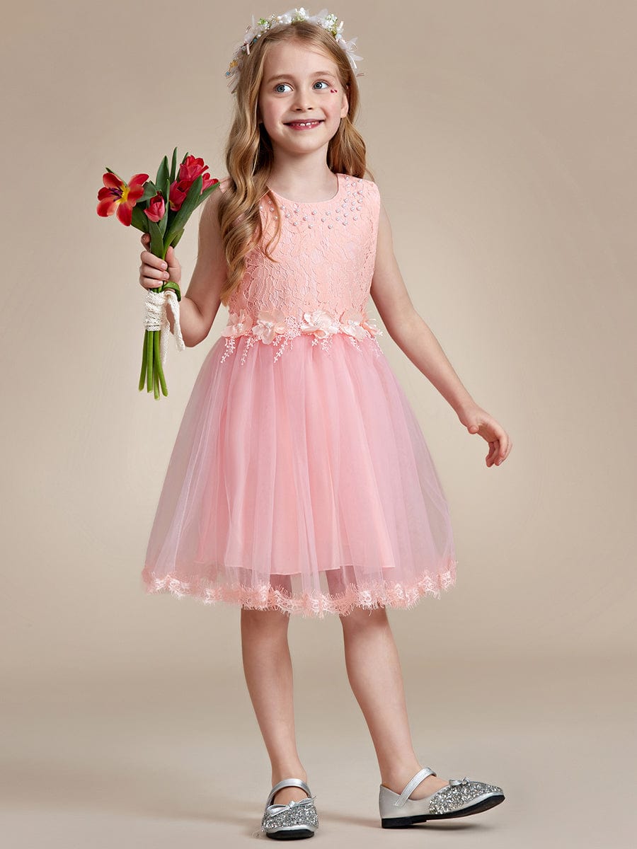 White Lace Tulle Flower Girl Dress with Bow Back Detail #color_Pink