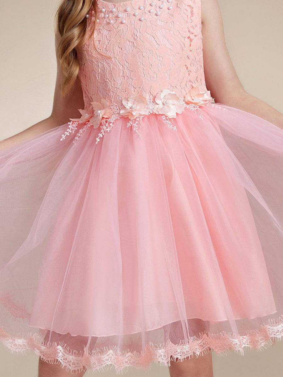 White Lace Tulle Flower Girl Dress with Bow Back Detail #color_Pink