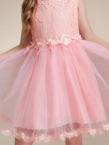 White Lace Tulle Flower Girl Dress with Bow Back Detail #color_Pink