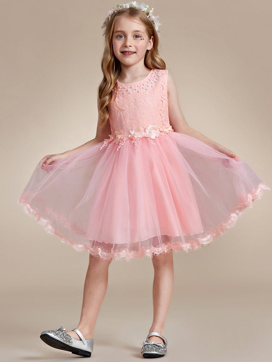 White Lace Tulle Flower Girl Dress with Bow Back Detail