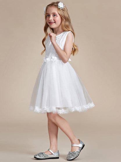 White Lace Tulle Flower Girl Dress with Bow Back Detail #color_White