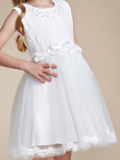 White Lace Tulle Flower Girl Dress with Bow Back Detail #color_White