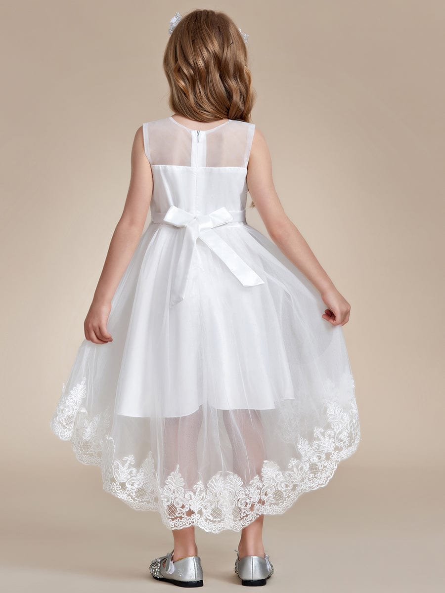 Stylish Lace High Low A-line Flower Girl Dress with Sleeveless #color_White