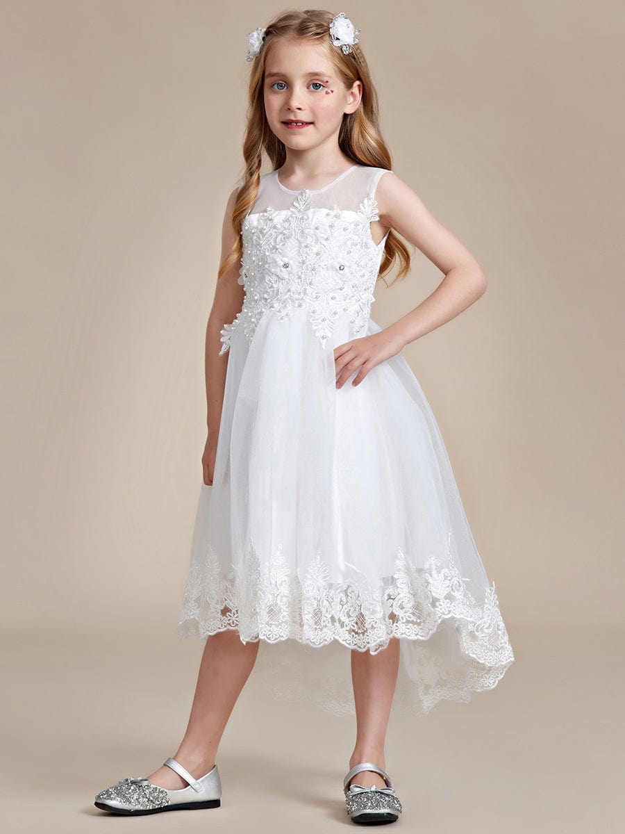 Stylish Lace High Low A-line Flower Girl Dress with Sleeveless #color_White